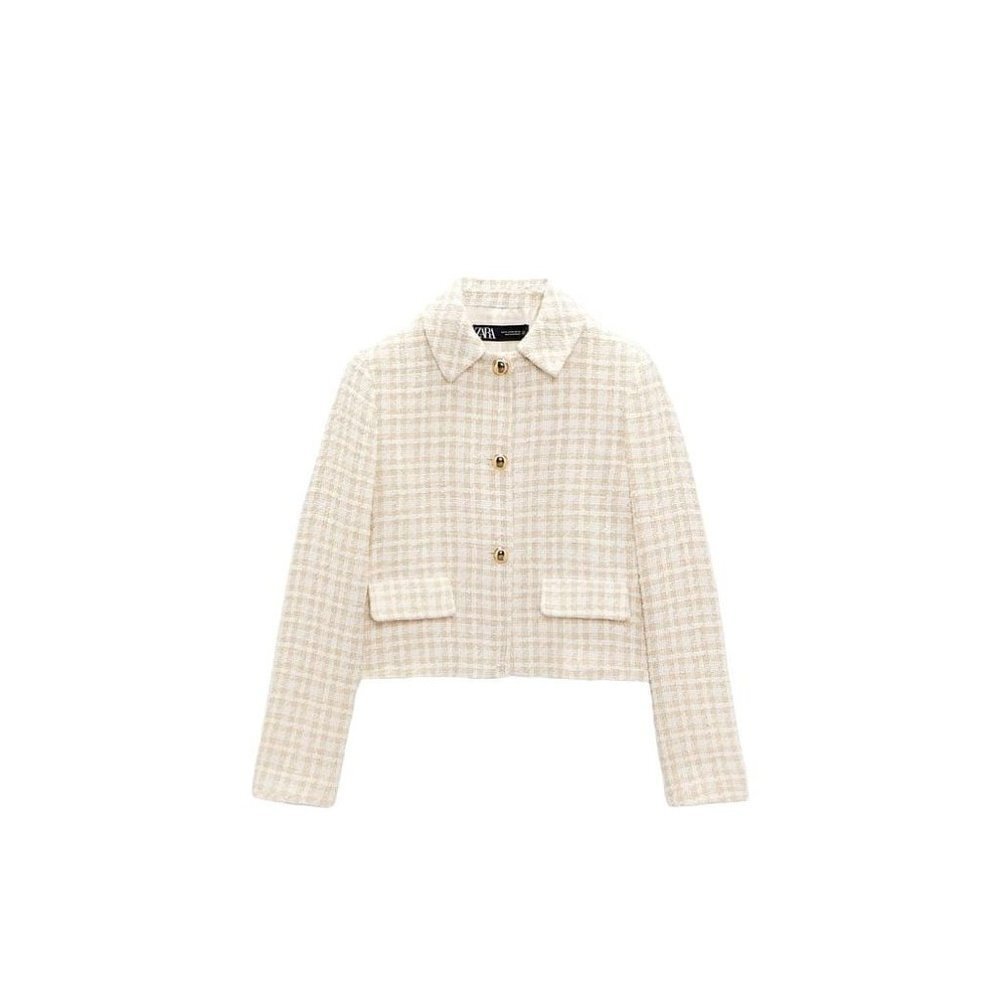 ZARA CROPPED BLAZER IN RIBBED FABRIC BROWN/WHITE SIZE XS | 2703/570